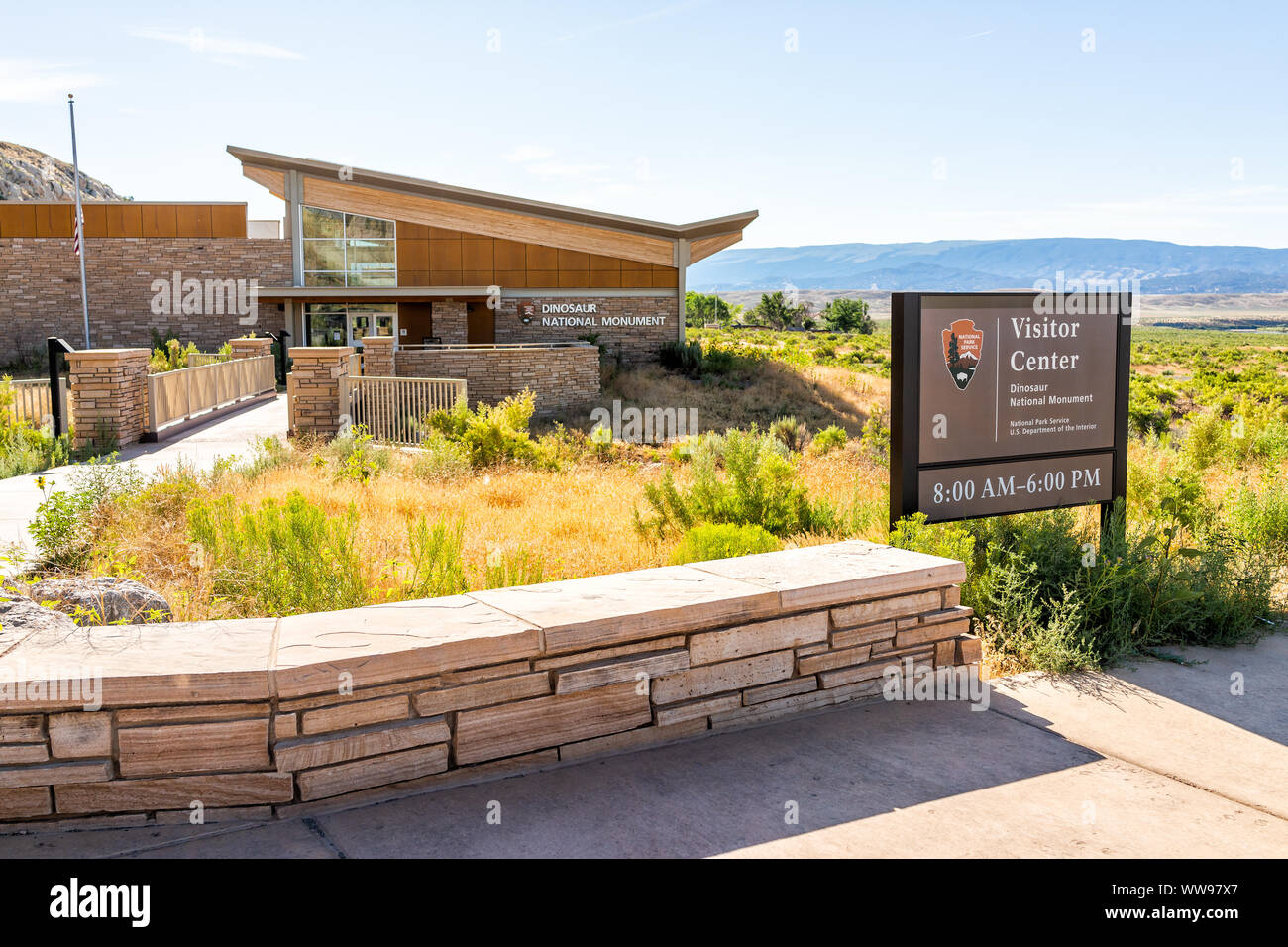 Jensen, USA - July 23, 2019: Quarry visitor center exterior in Dinosaur National Monument Park outside with sign to entrance in Utah Stock Photo