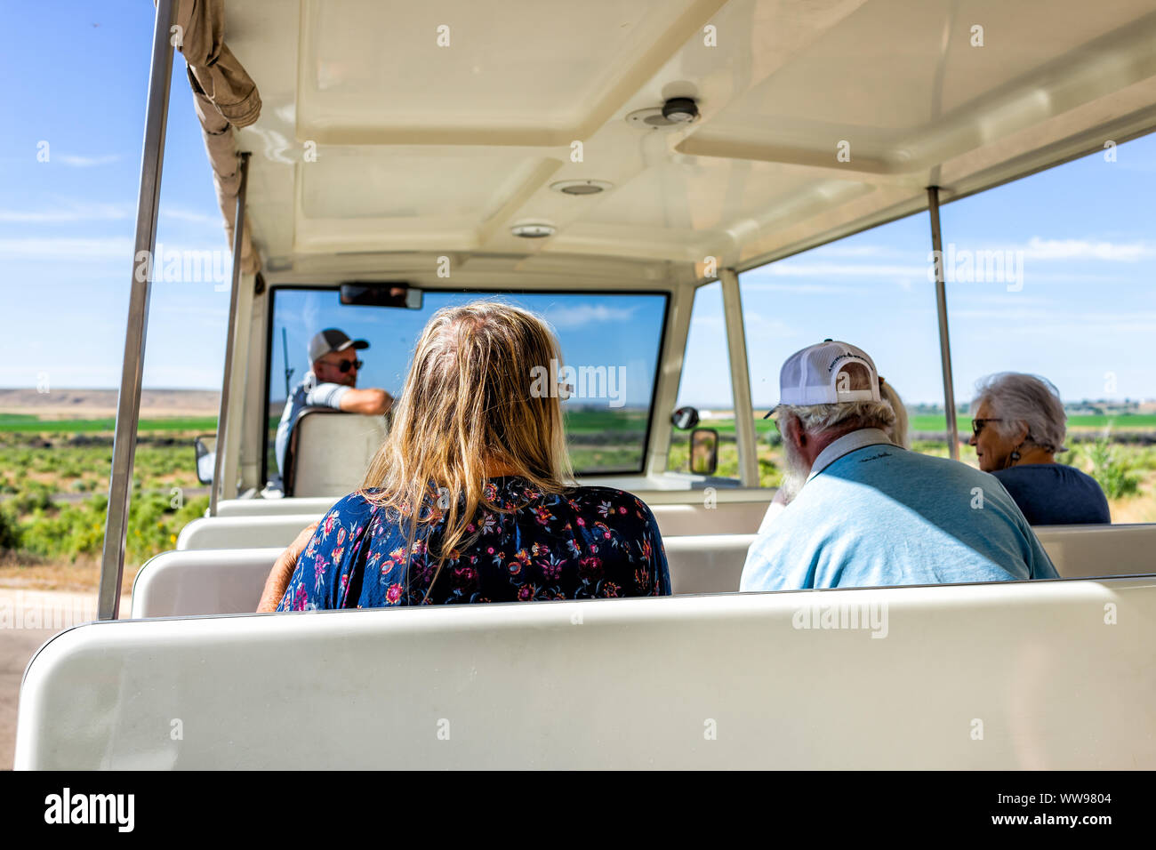 Jensen, USA - July 23, 2019: Outside Quarry visitor center in Dinosaur National Monument Park with people on shuttle to exhibit hall in Utah Stock Photo