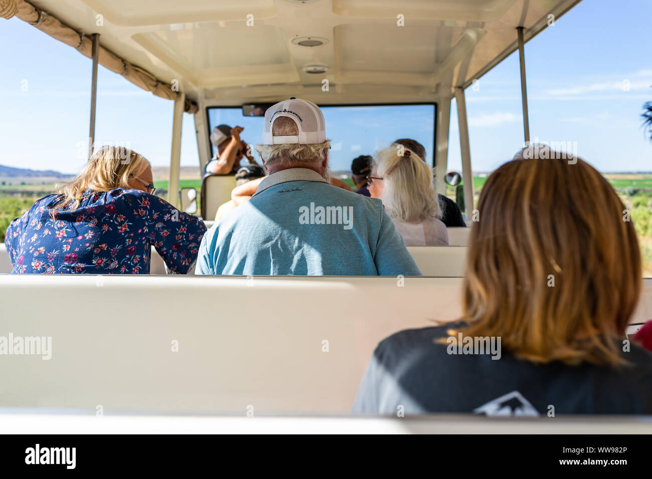 Jensen, USA - July 23, 2019: Quarry visitor center in Dinosaur National Monument Park with people on shuttle to exhibit hall in Utah Stock Photo