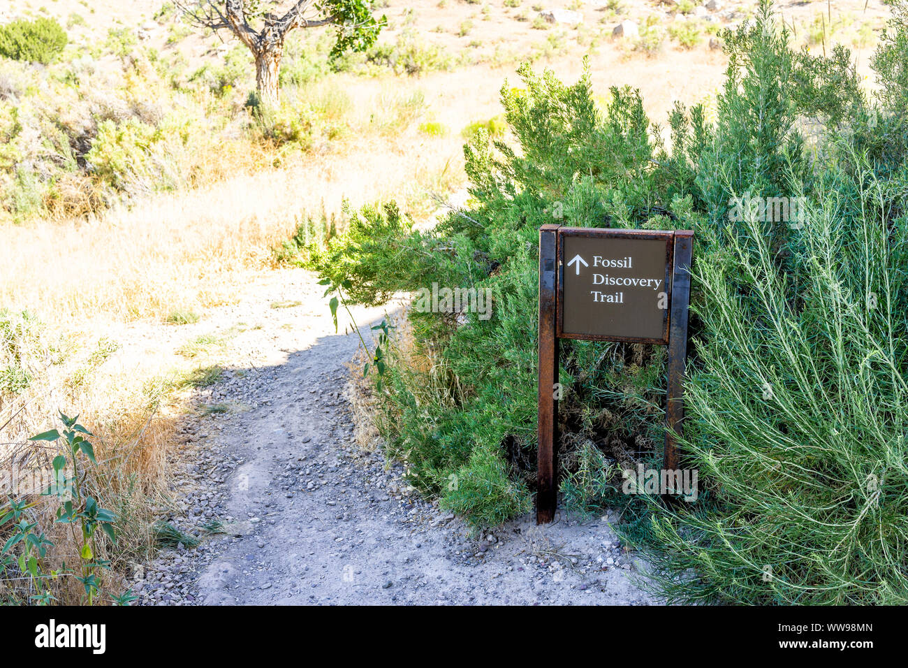 Fossil Discovery Trail sign by Quarry visitor center exhibit hall in