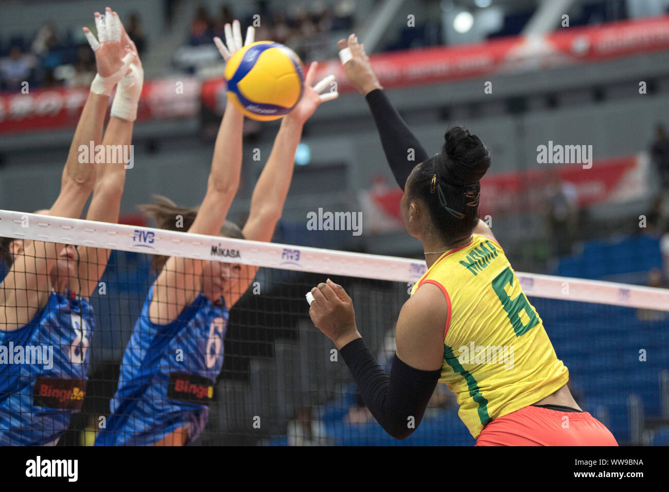 Yokohama Japan 14th Sep 19 Laetitia Crescence Moma Bassoko R Of Cameroon Spikes The Ball During The Round Robin Match Between Cameroon And Russia At 19 Volleyball Women S World Cup Match In