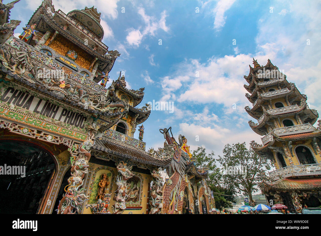 Linh Phuoc Pagoda or Ve Chai Pagoda, buddhist shrine covered in mosaic art in Da lat, Vietnam and free of charge to visit for both locals and tourist Stock Photo
