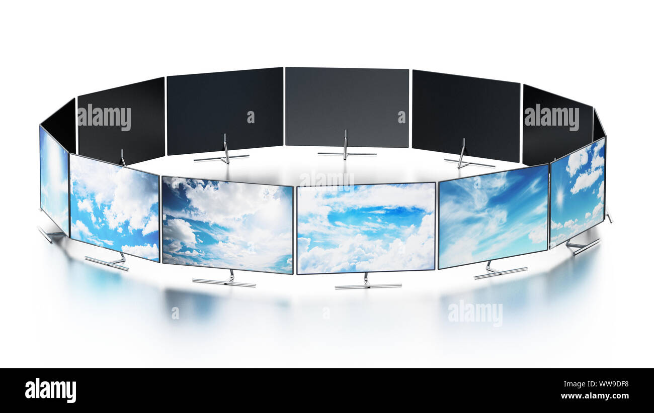 Wall of modern TV screens arranged in circular shape. 3D illustration. Stock Photo