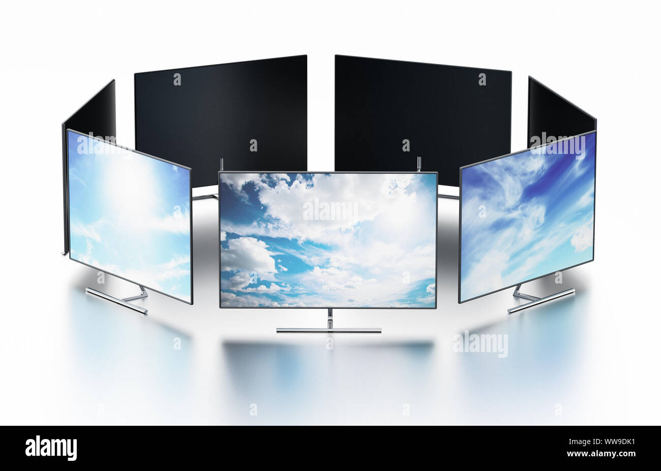Wall of modern TV screens arranged in circular shape. 3D illustration. Stock Photo