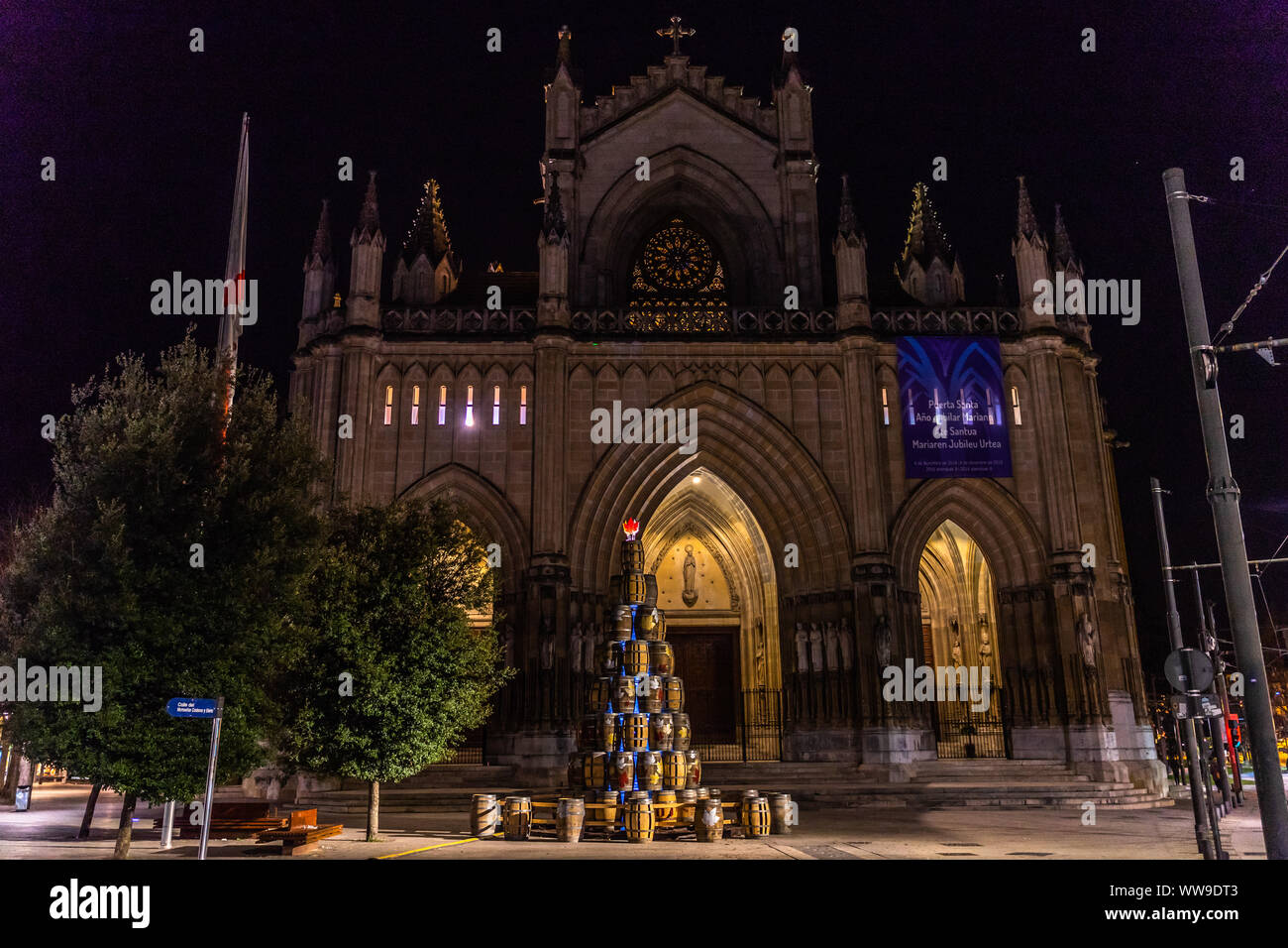 Night view of the new cathedral of Vitoria Gasteiz (Catedral de Maria Inmaculada), built in the first half of 20th century, Basque Country, Spain Stock Photo