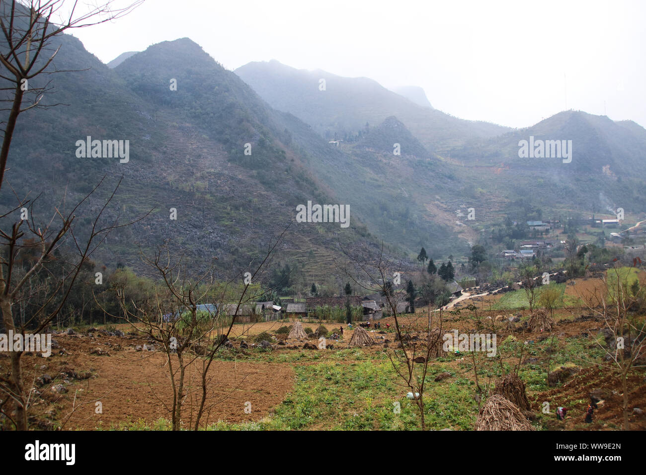 Cinematic landscape scenery of mountains in Dong Van Karst Plateau Geopark in Sa phin, Vietnam Stock Photo