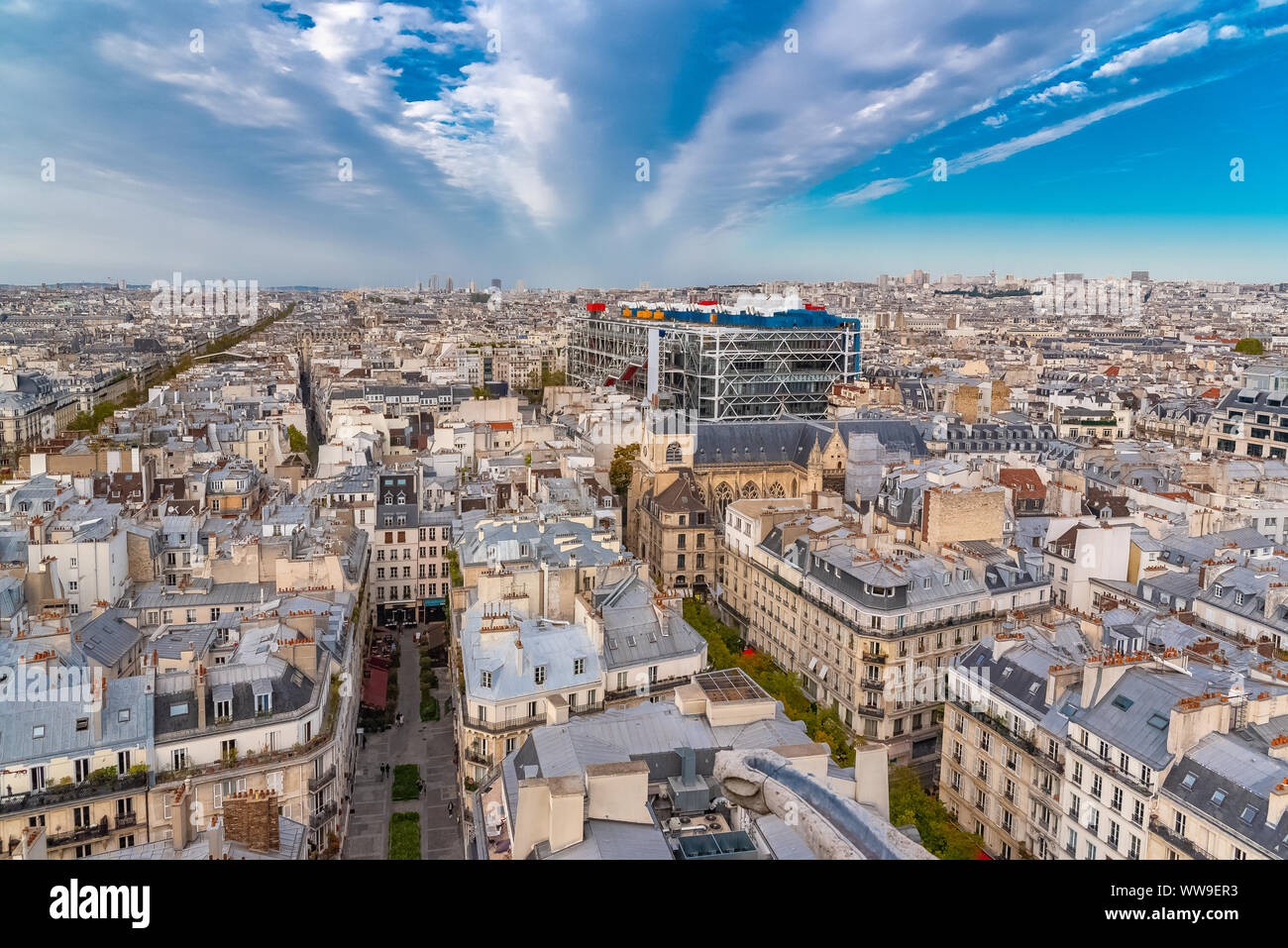 Paris, France, aerial view of ancient buildings in the center, with the Centre Pompidou and the Saint-Merri church, beautiful city Stock Photo