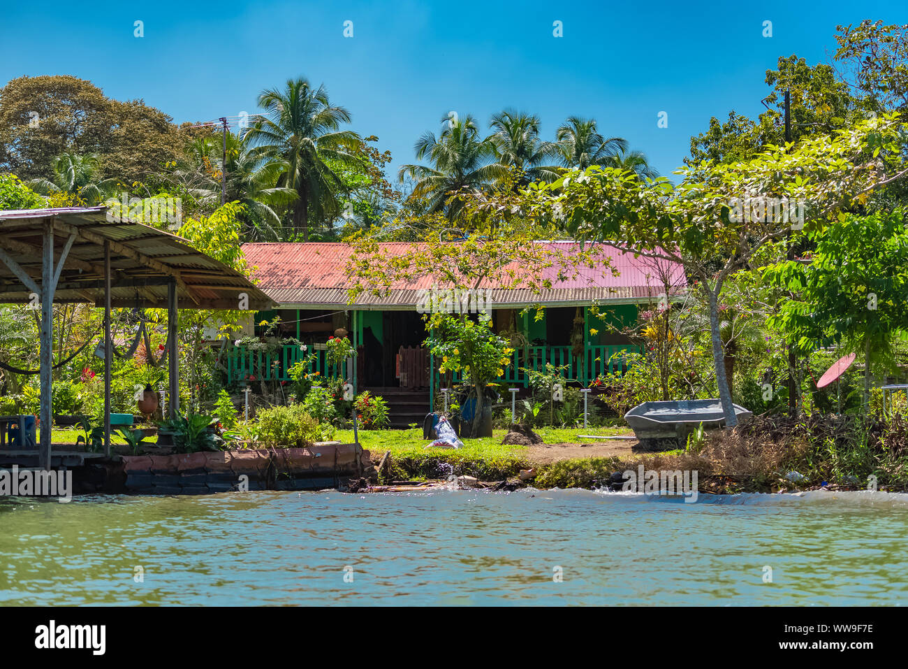 Costa Rica, typical house on the river, in Tortuguero, wildlife in the mangrove Stock Photo