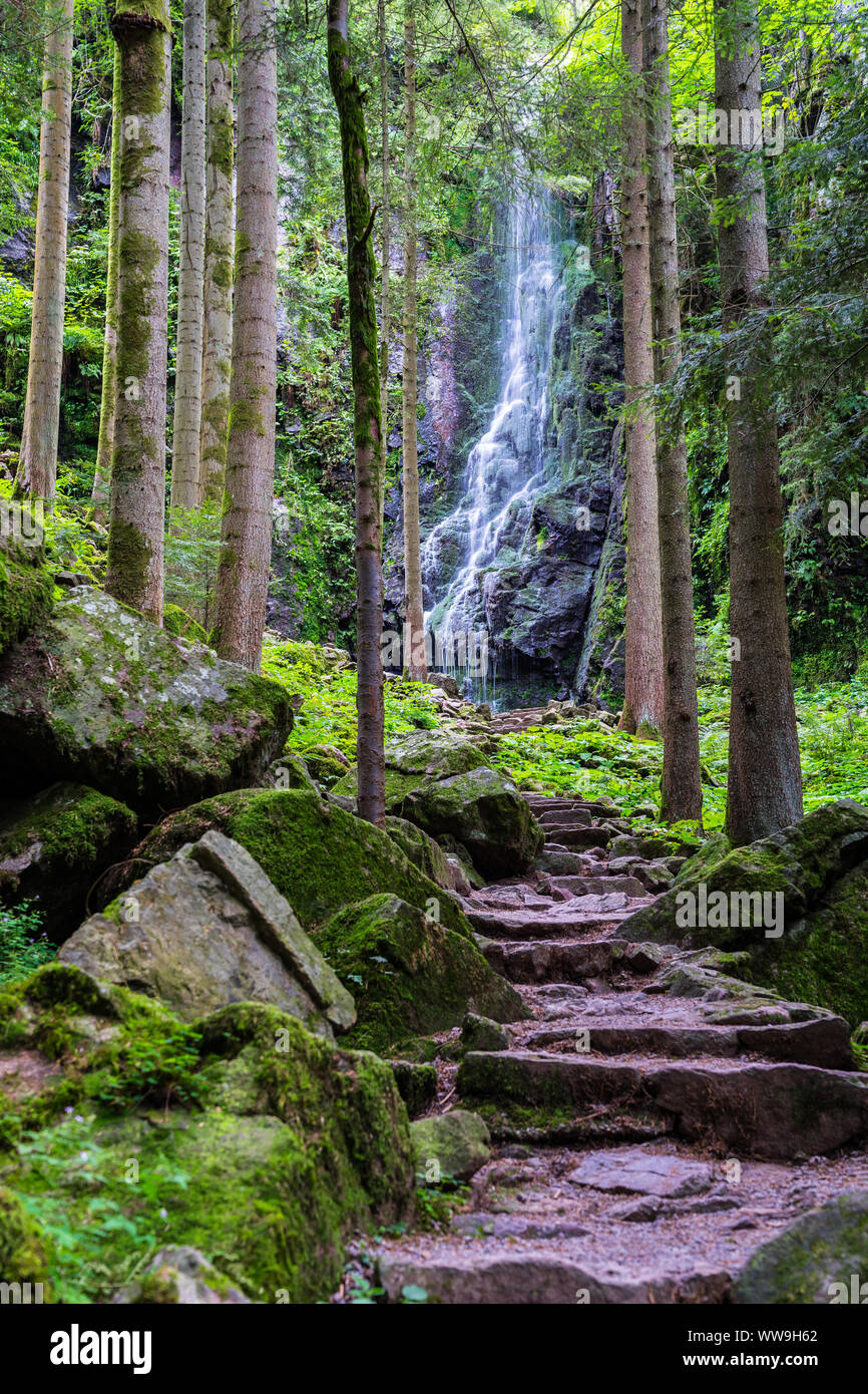 Germany, Magical mystic stone steps to natural burgbachwasserfall a beautiful waterfall in the black forest nature landscape Stock Photo