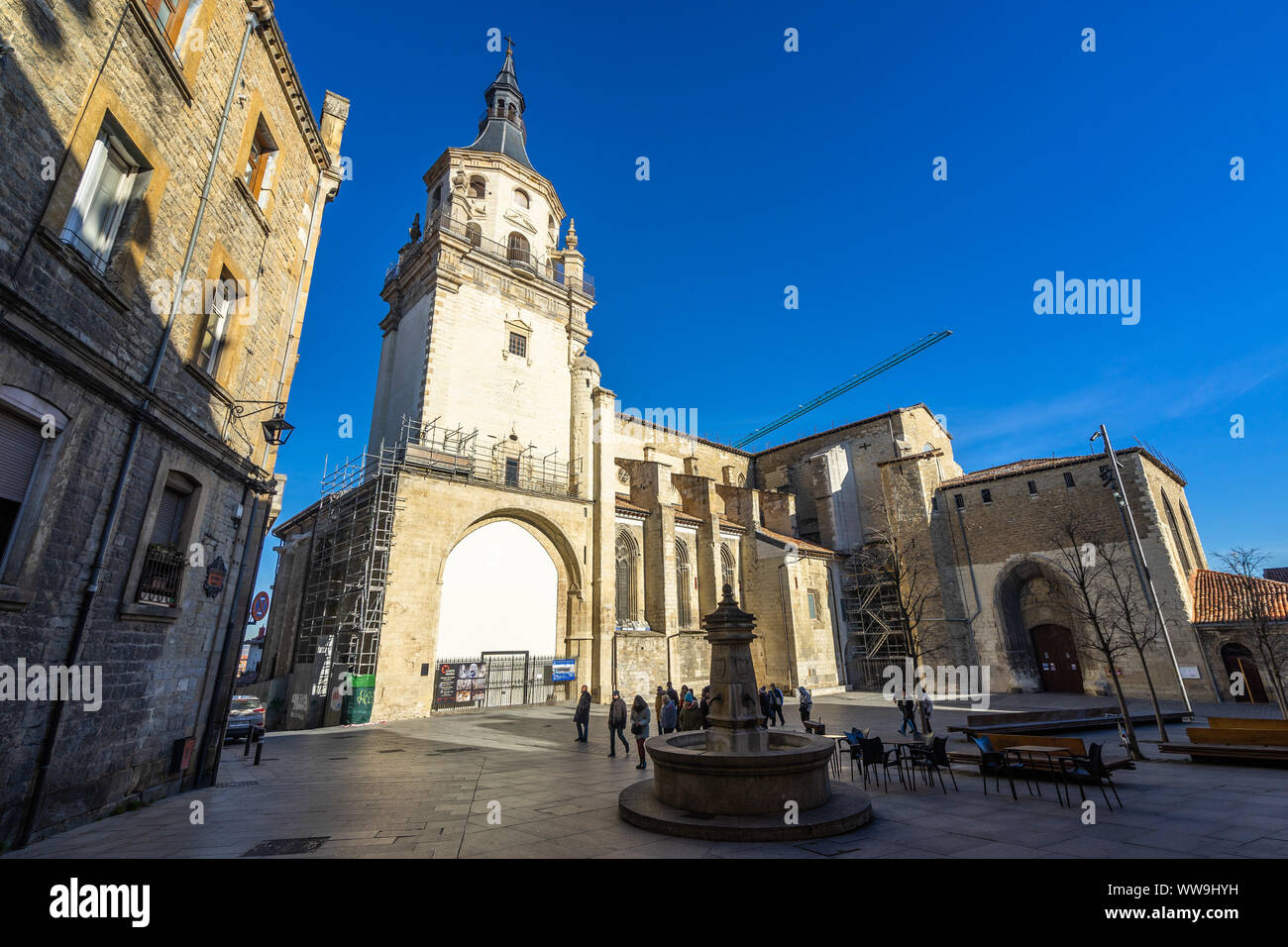Wide angle view of Cathedral of Santa Maria de Vitoria, a fine example of Gothic style architecture, built in 13th and 14th century, Vitoria-Gasteiz Stock Photo