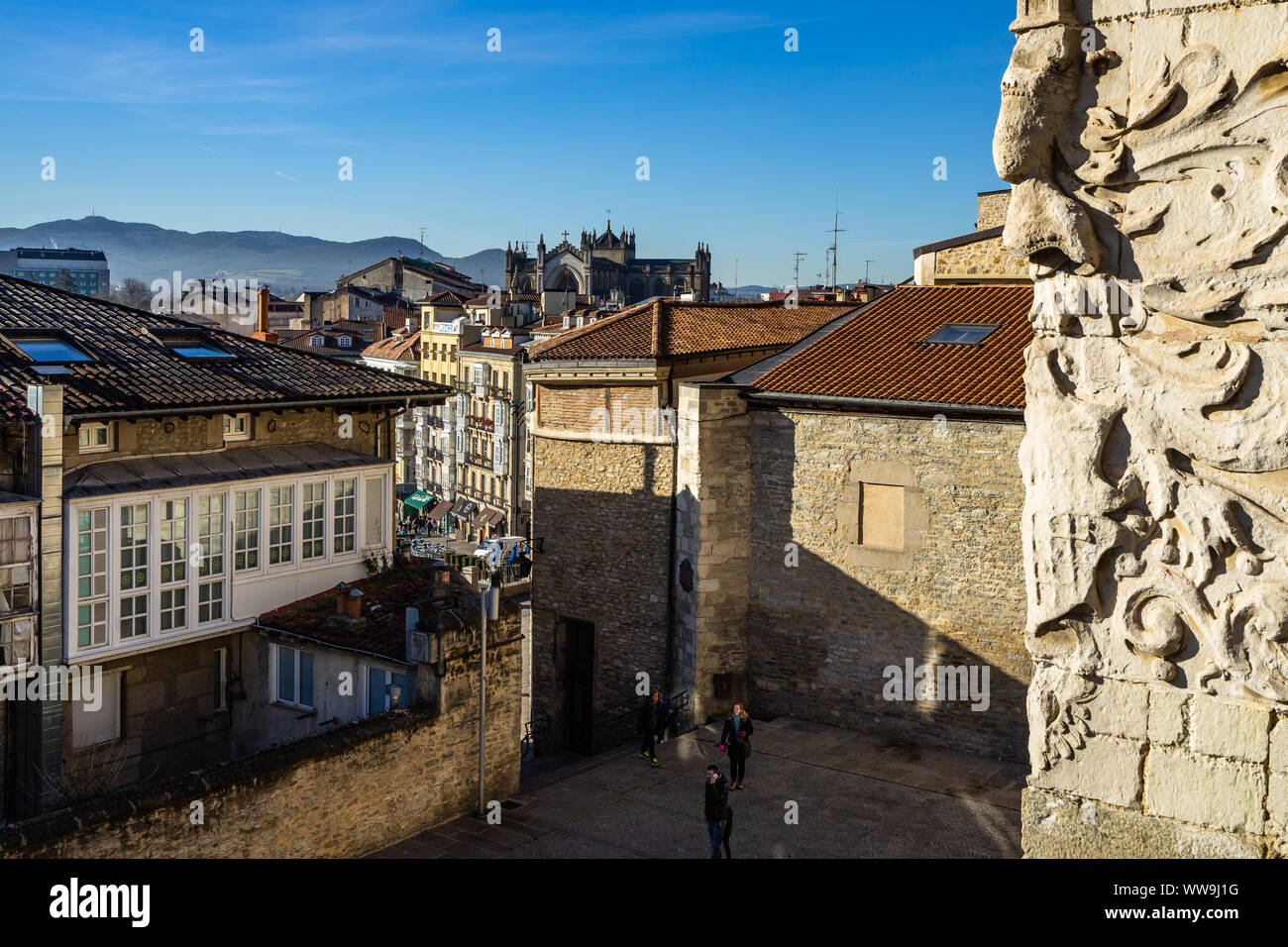 Cityscape of Vitoria-Gasteiz historic center, with Virgen Blanca Square and the New Cathedral in the background, Basque Country, Spain Stock Photo