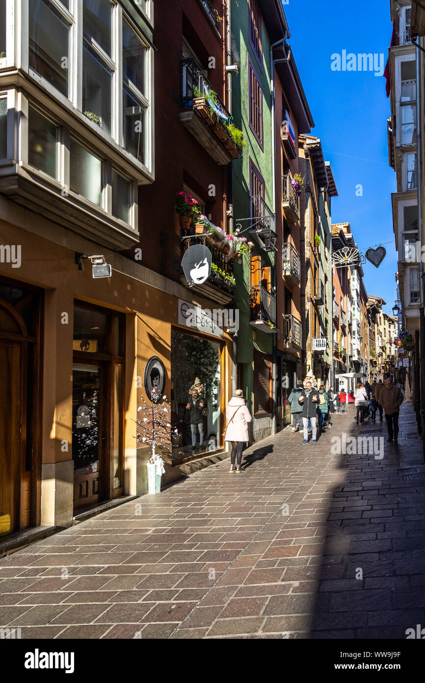 Pedestrian shopping street in Vitoria Gasteiz old town. Vitoria-Gasteiz, Basque Country, Spain, January 2019 Stock Photo