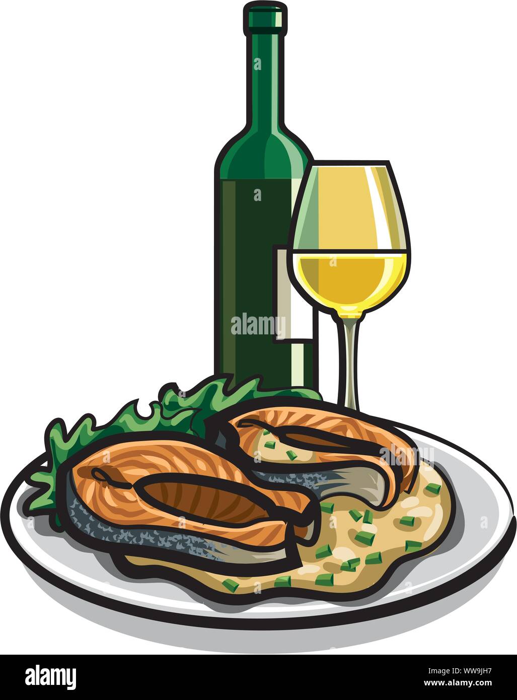grilled salmon and wine Stock Vector