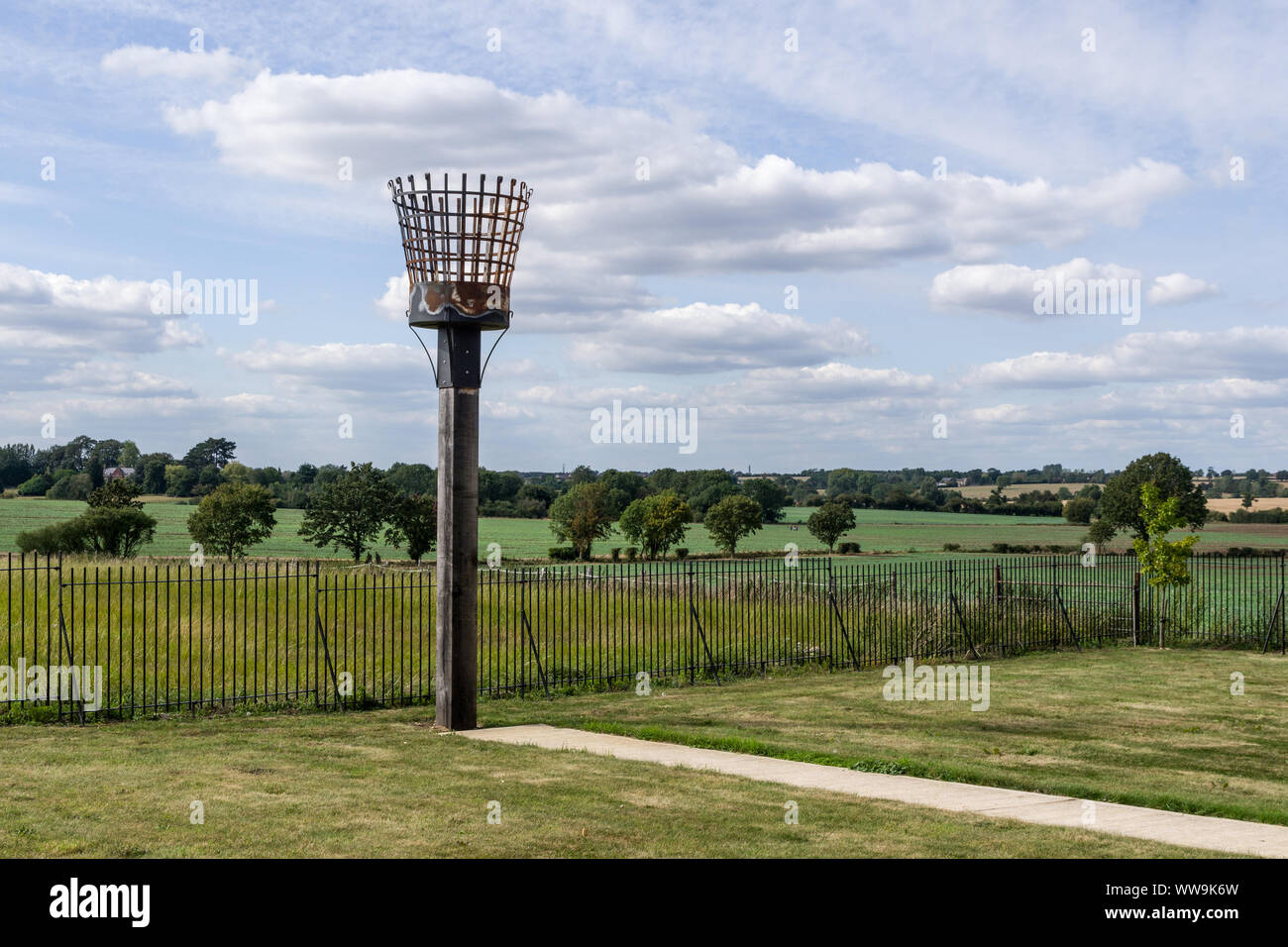 Views over the countryside in Summer with a Fire Beacon in the foreground, Piddington, Northamptonshire, UK Stock Photo