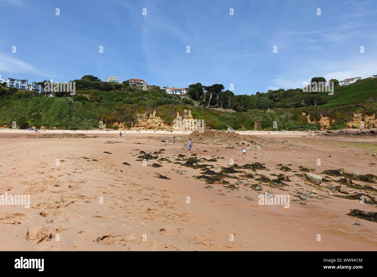 Portelet Bay, Jersey 21 July 2019: Holiday makers on the beach at Portelet bay in Jersey, Channel Islands Stock Photo