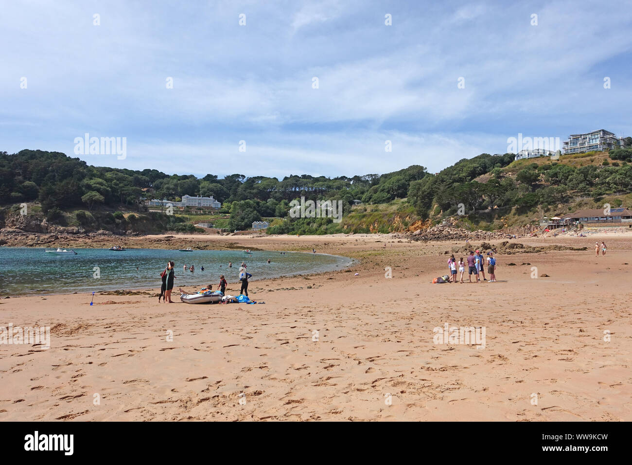 Portelet Bay, Jersey 21 July 2019: Holiday makers on the beach at Portelet bay in Jersey, Channel Islands Stock Photo
