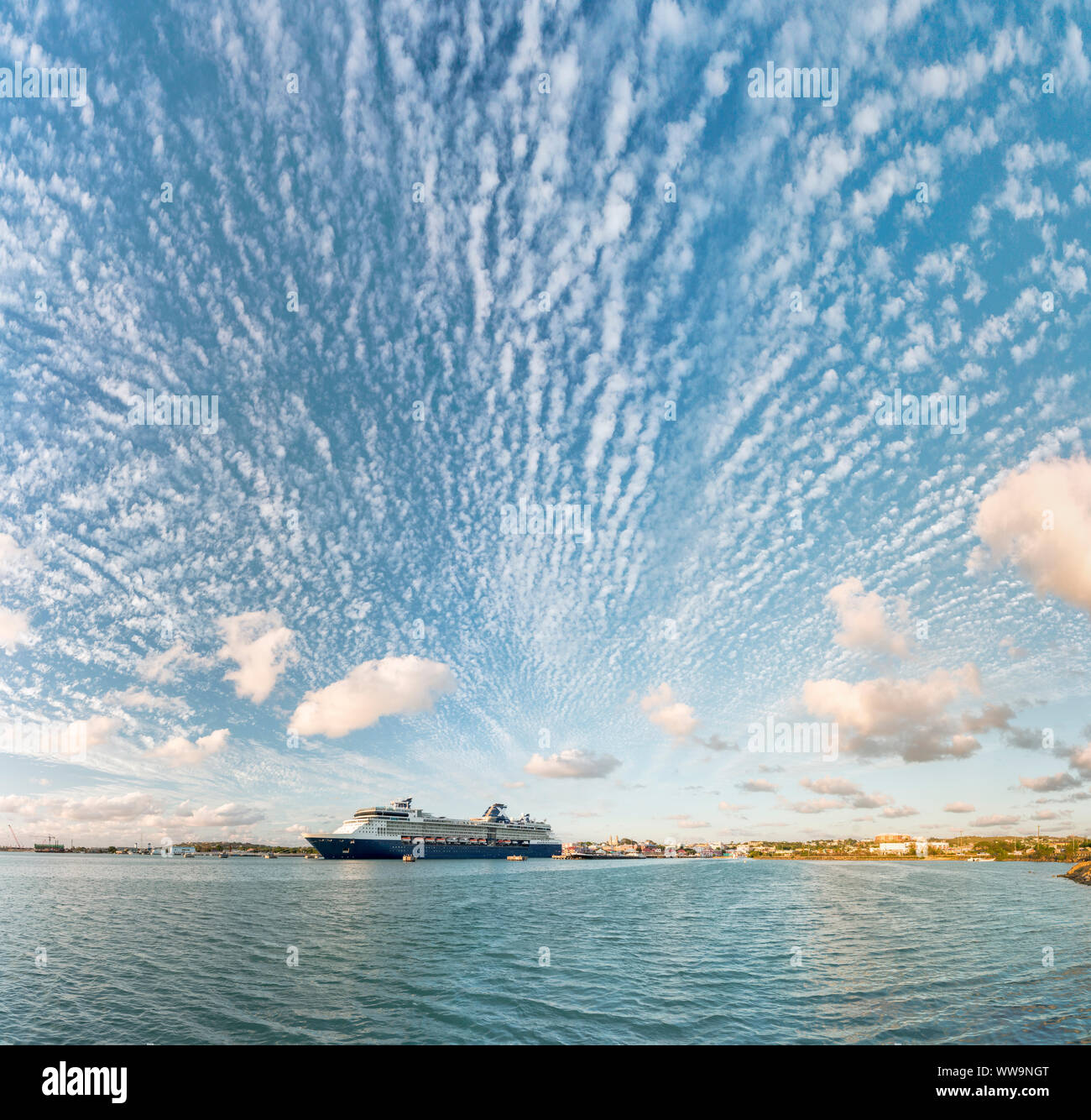 Panoramic of sky at sunset over luxury cruise ship in the Caribbean Sea, Antilles, Central America Stock Photo