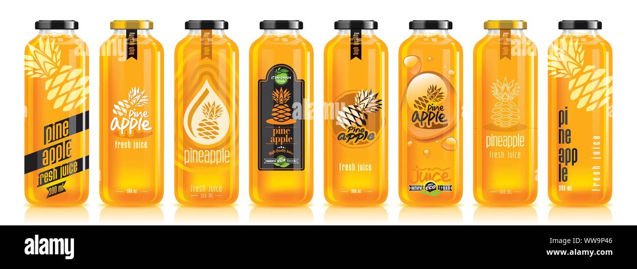 Vector pineapple juice, glass fruit bottle set Stock Vector