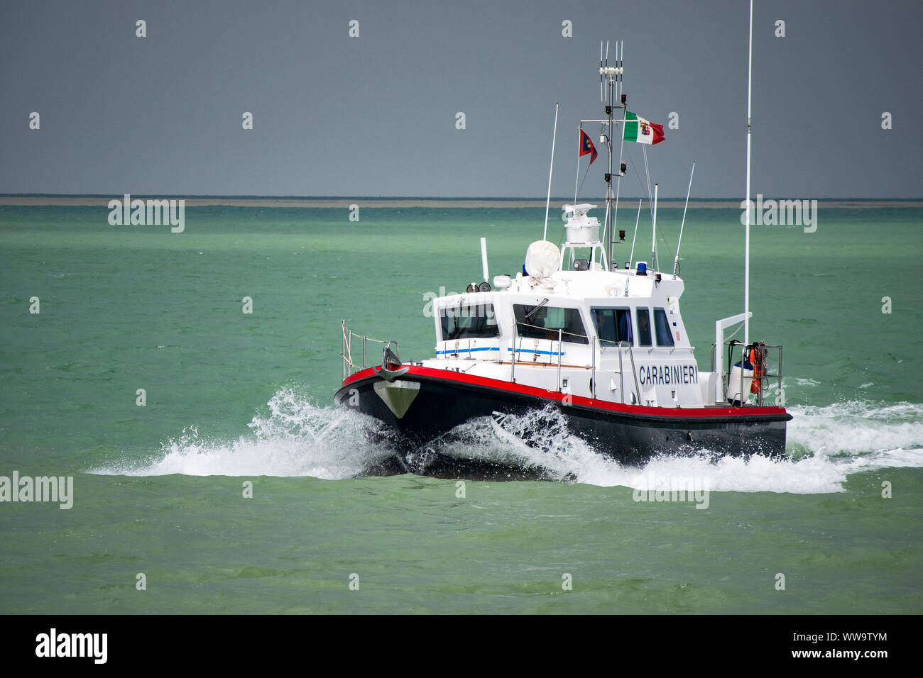 Italian Carabinieri maritime patrol motor boat. Carabinieri is Italian Gendarmerie Corp with jurisdiction in civil law enforcement. Stock Photo