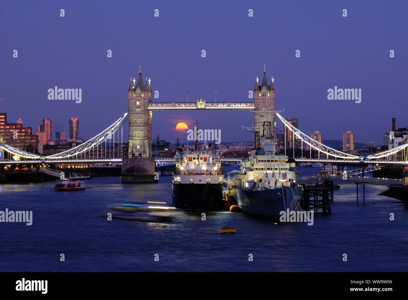 London, UK. 13th Sep, 2019. A full moon rises behind Tower Bridge. The Full Moon in September is called the Harvest Moon. Credit: Siu K Lo/Alamy Live News Stock Photo