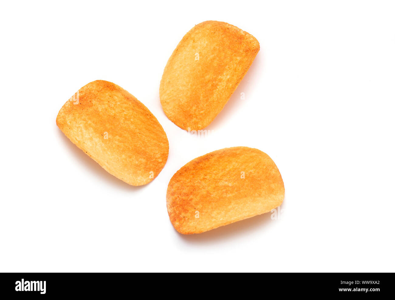 Potato Chips. Three Potato Chips isolated on white Background - top View Stock Photo