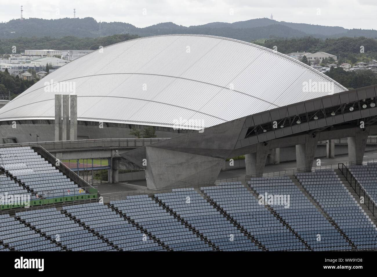 Miyagi, Japan. 14th Sep, 2019. Miyagi Stadium is seen under renovation during a media tour in Miyagi Prefecture. The stadium located in the town of Rifu was damaged by the 2011 Great East Japan Earthquake. A media tour organized by the Tokyo Metropolitan Government in collaboration with local authorities aims to showcase the recovery efforts in Tohoku area affected by the 2011 Great East Japan Earthquake and Tsunami. The stadium is the biggest stadium in the Tohoku area with a capacity of 49,000 people and will host the Tokyo 2020 football games. (Credit Image: © Rodrigo Reyes Marin/ZUMA W Stock Photo