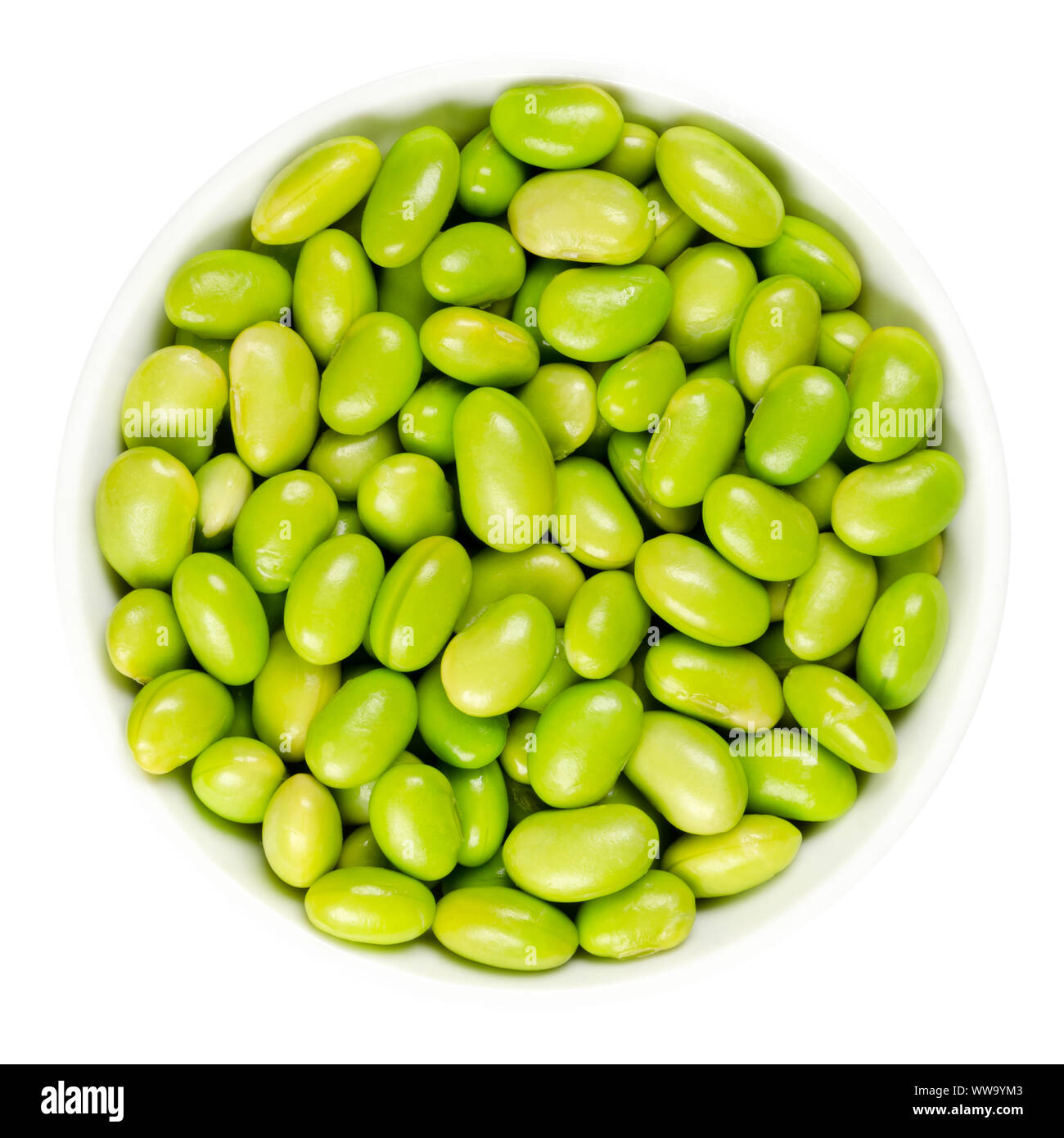 Edamame. Green soybeans in white bowl. Mukimame, unripe soya beans