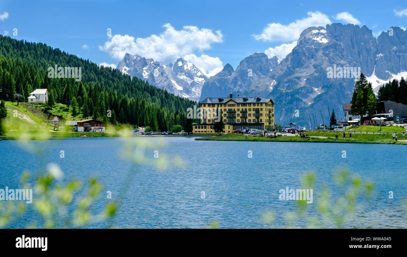 Lake Misurina is the largest natural lake of the Cadore and it is 1,754 m above sea level. The lake's perimeter is 2.6 km long, while the maximum dept Stock Photo