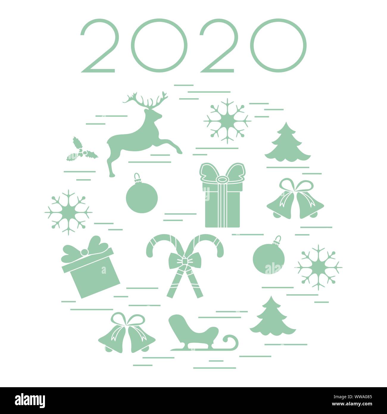 Happy New Year 2020, Merry Christmas vector illustration. Sleigh, deer ...