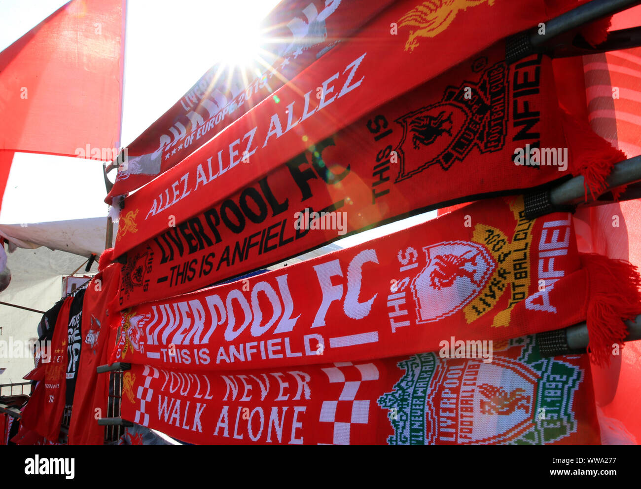 Liverpool, Merseyside, UK. 14th Sep, 2019.  English Premier League Football, Liverpool versus Newcastle United; Liverpool FC merchandise on sale at an unofficial stand on the approach to the stadium  - Strictly Editorial Use Only. No use with unauthorized audio, video, data, fixture lists, club/league logos or 'live' services. Online in-match use limited to 120 images, no video emulation. No use in betting, games or single club/league/player publications Credit: Action Plus Sports Images/Alamy Live News Credit: Action Plus Sports Images/Alamy Live News Credit: Action Plus Sports Images/Alamy L Stock Photo
