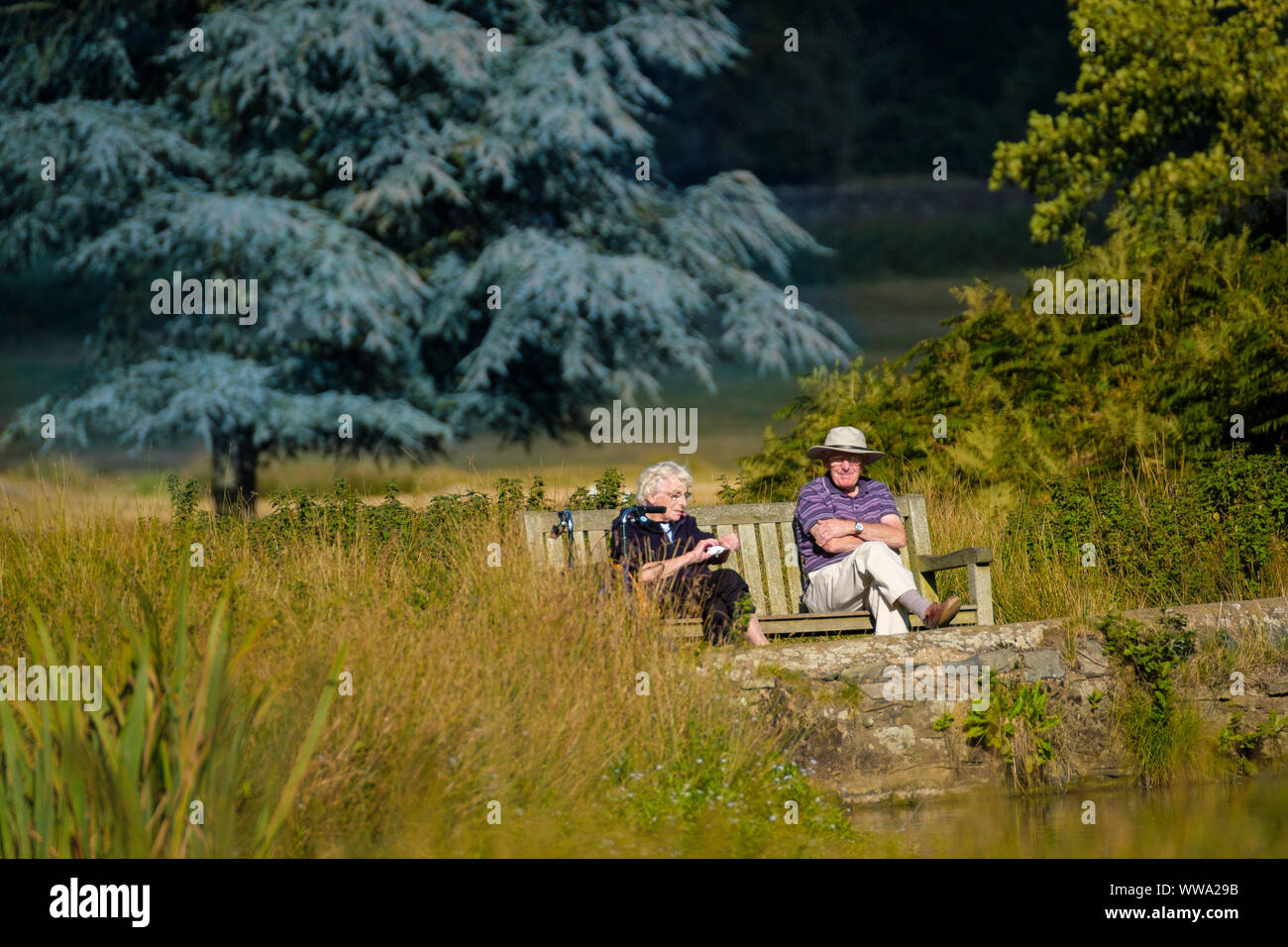 Two pensioners sitting on a park bench at the waterside. Stock Photo