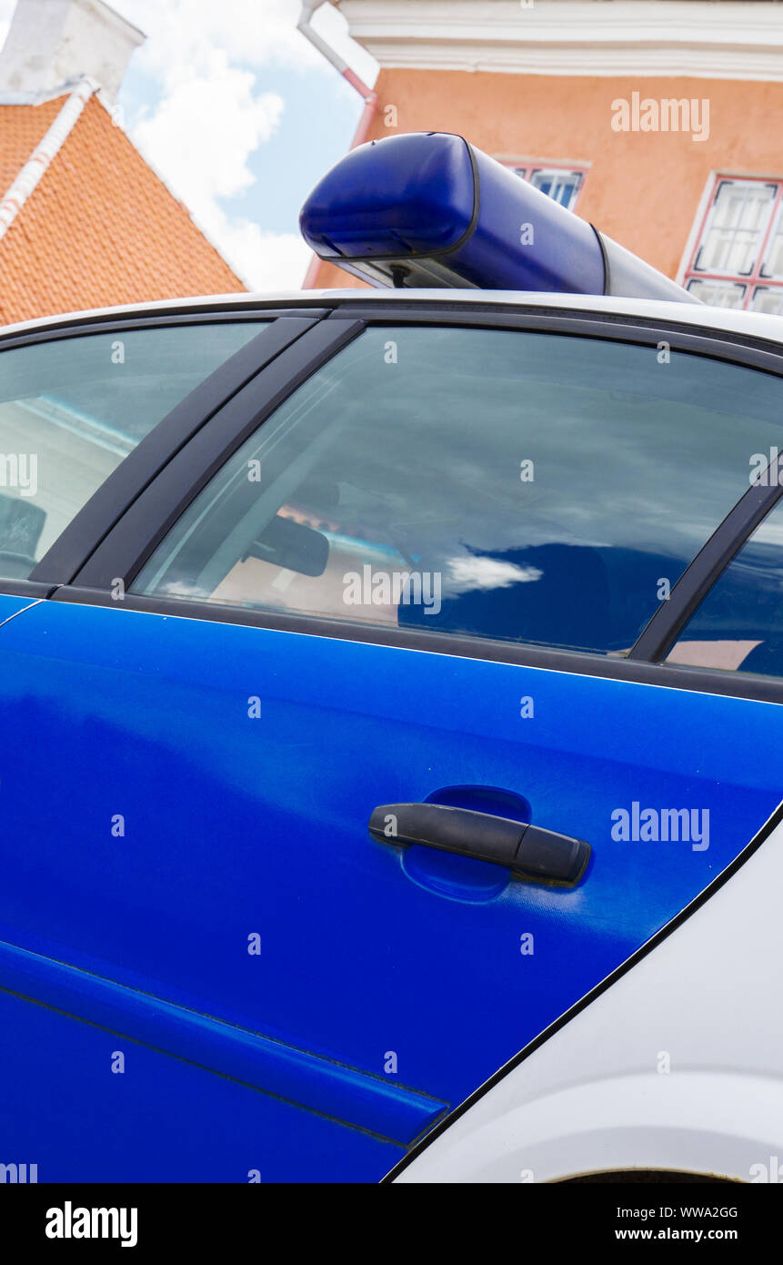 Police car with light bars on the street. Closeup view Stock Photo Alamy