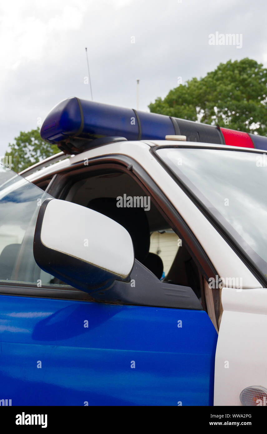 Police car with light bars on the street. Closeup view Stock Photo Alamy
