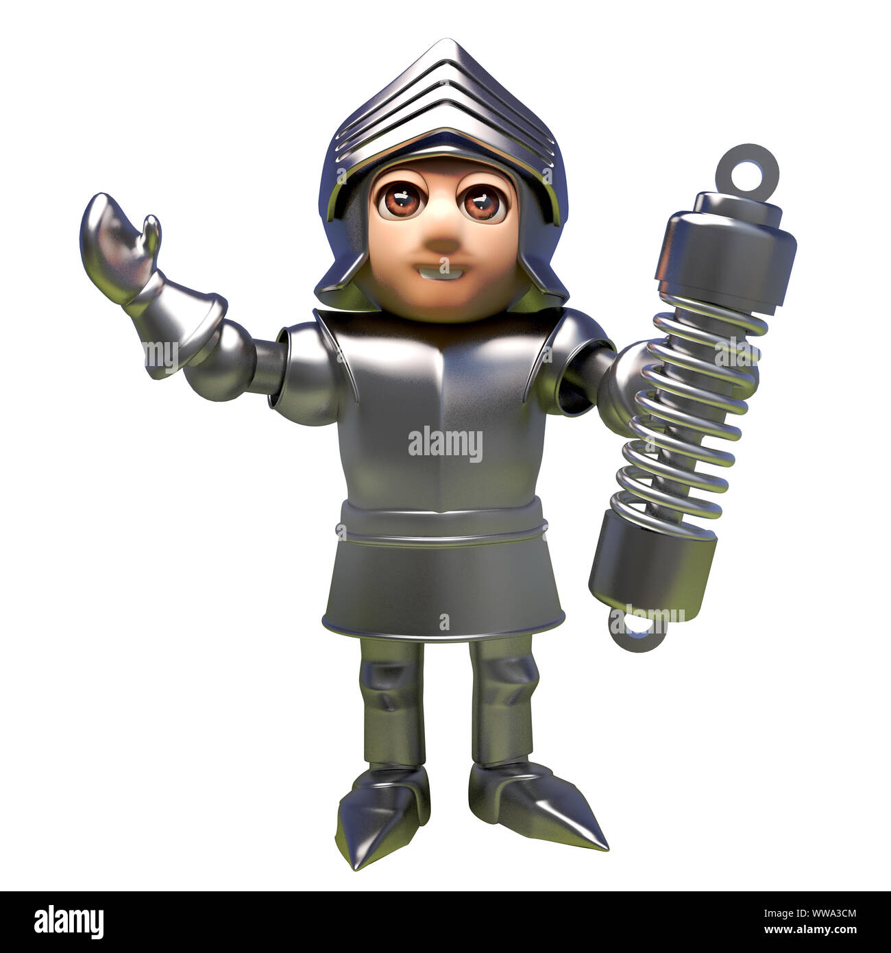 3d knight in shining armour holding a suspension shock absorber, 3d illustration render Stock Photo