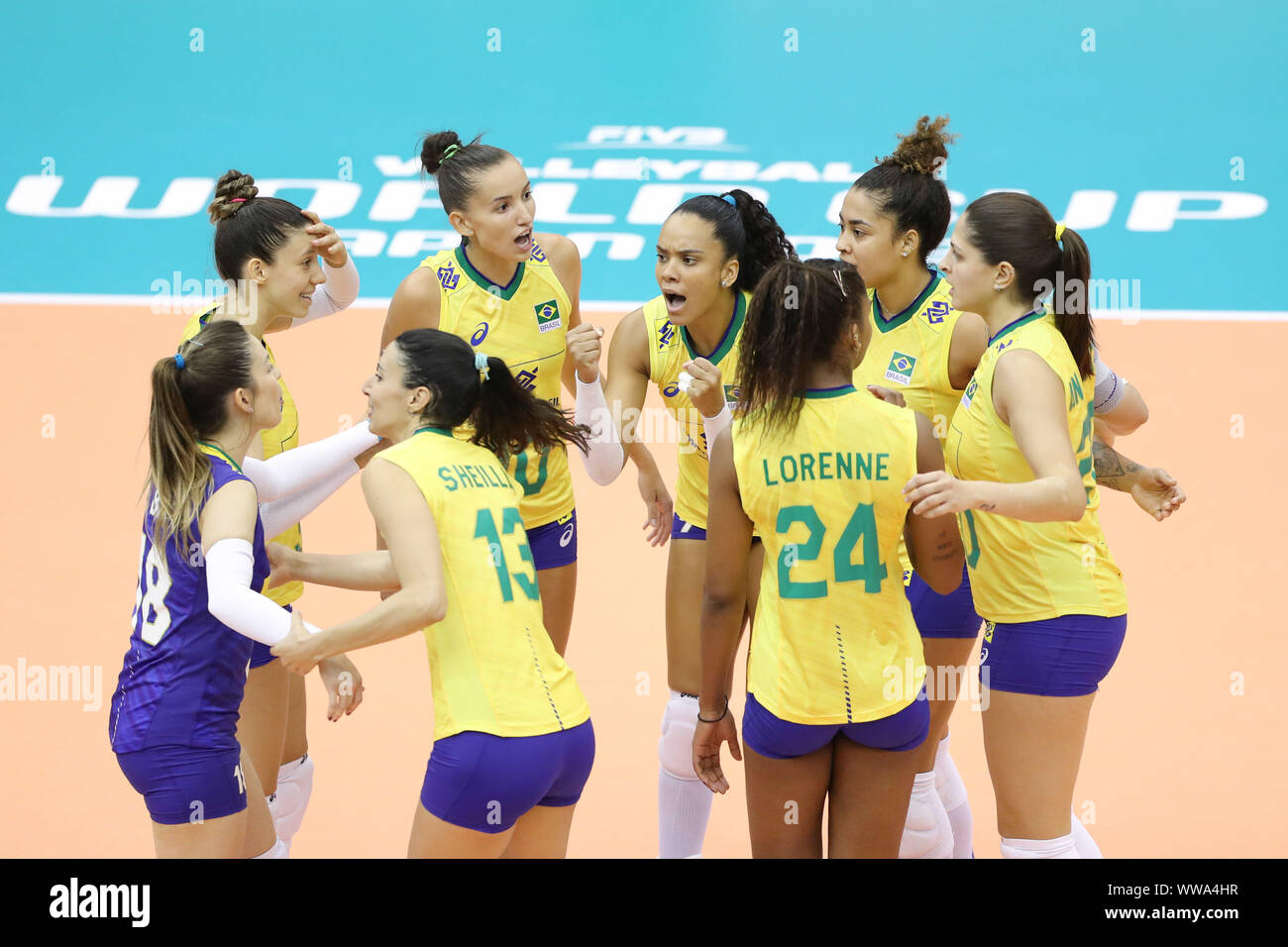 Hamamatsu, Japan. 14th Sep, 2019. Players of Brazil celebrate after winning the Round Robin match between Serbia and Brazil at the 2019 FIVB Women's World Cup in Hamamatsu, Japan, Sept. 14, 2019. Credit: Du Xiaoyi/Xinhua/Alamy Live News Stock Photo