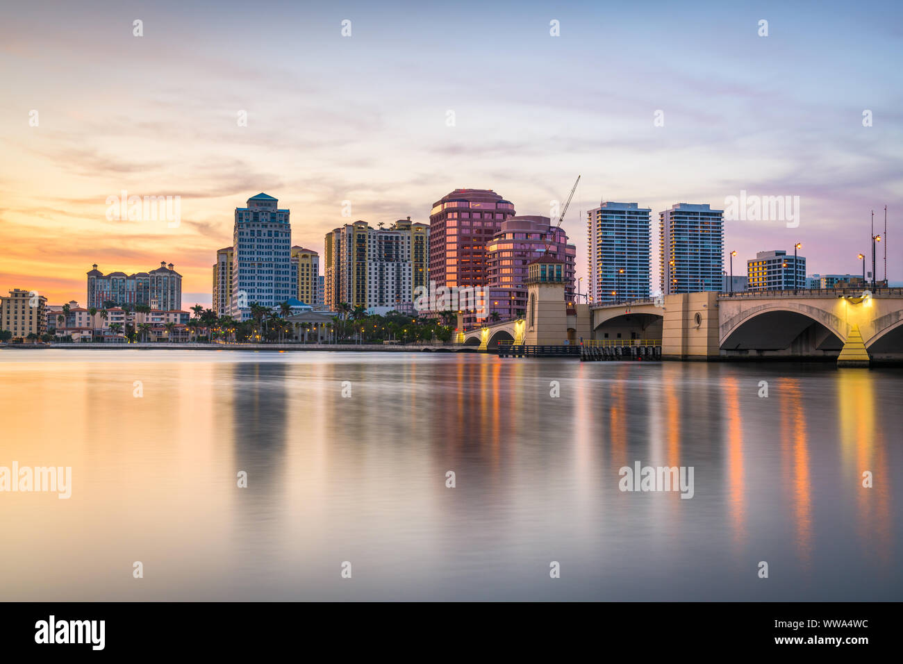 West Palm Beach, Florida, USA downtown skyline at dusk. Stock Photo