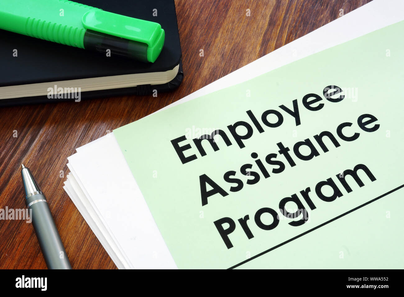 Employee assistance program EAP - benefit program on the desk. Stock Photo