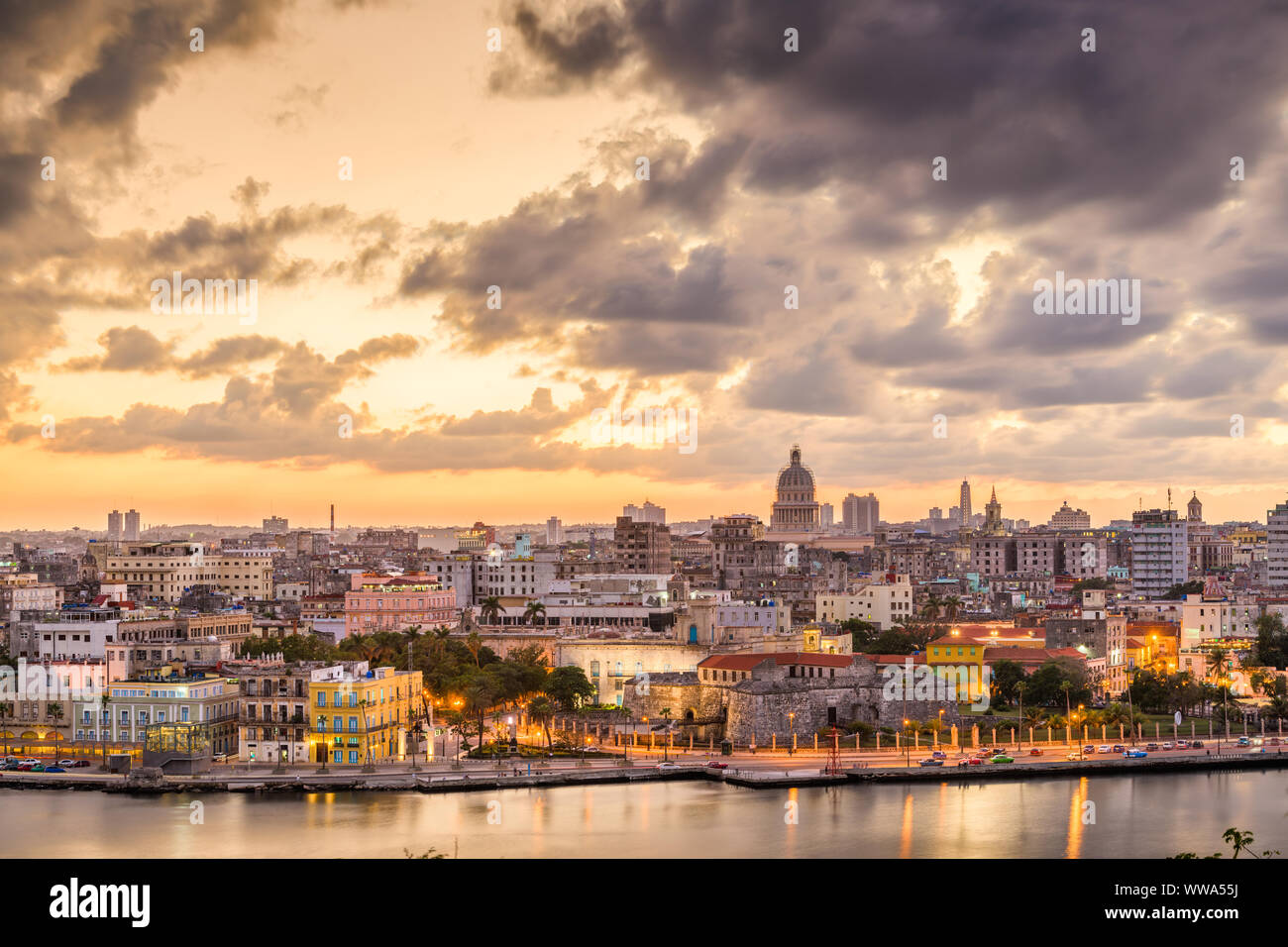 Havana, Cuba downtown skyline at dusk. Stock Photo