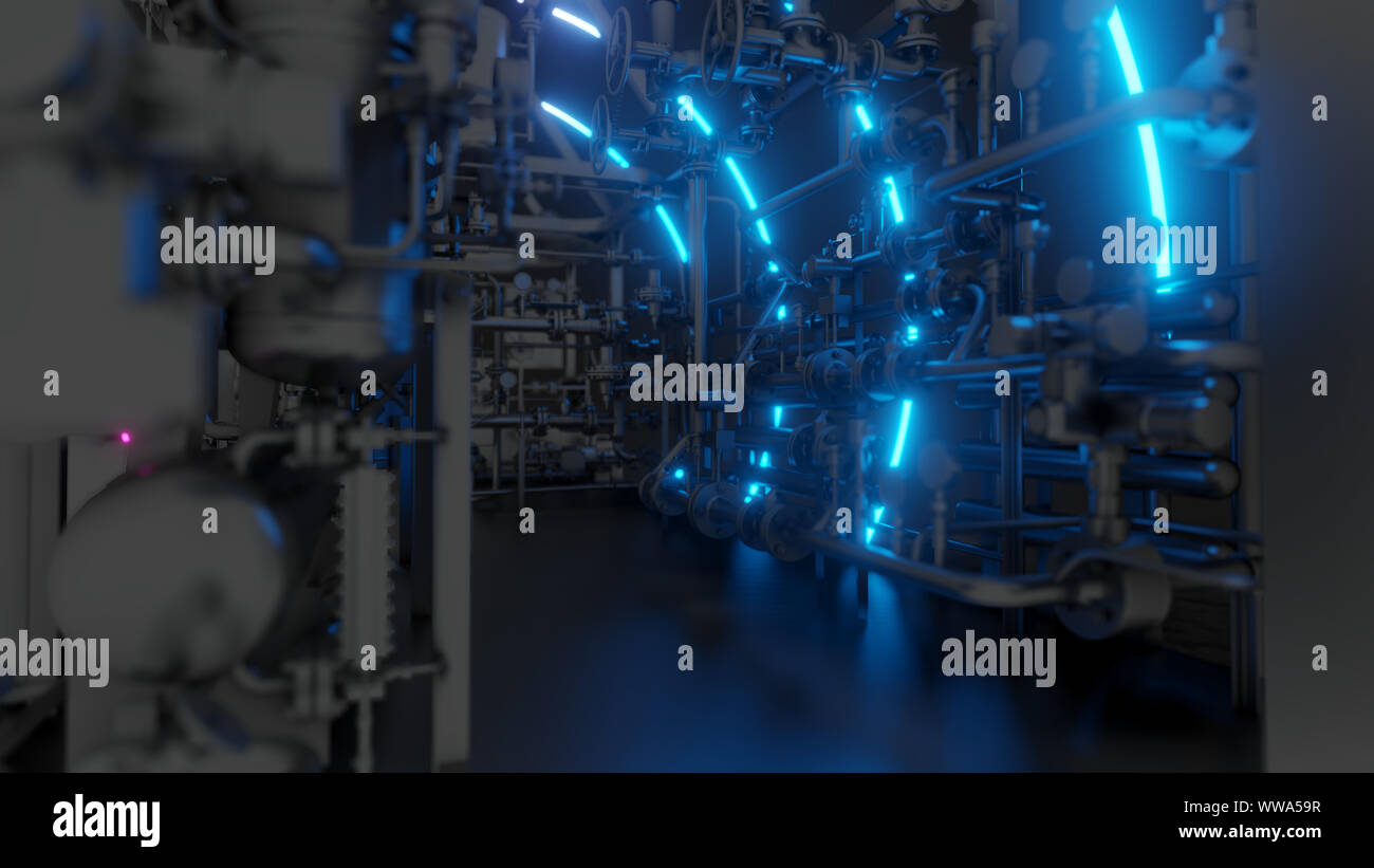 Abstract Industrial Equipment with Neon Lights. Ultraviolet light. 3D