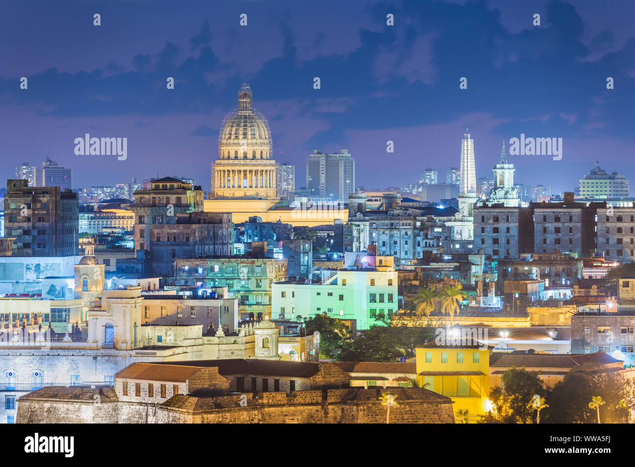 Havana, Cuba downtown skyline at dusk. Stock Photo