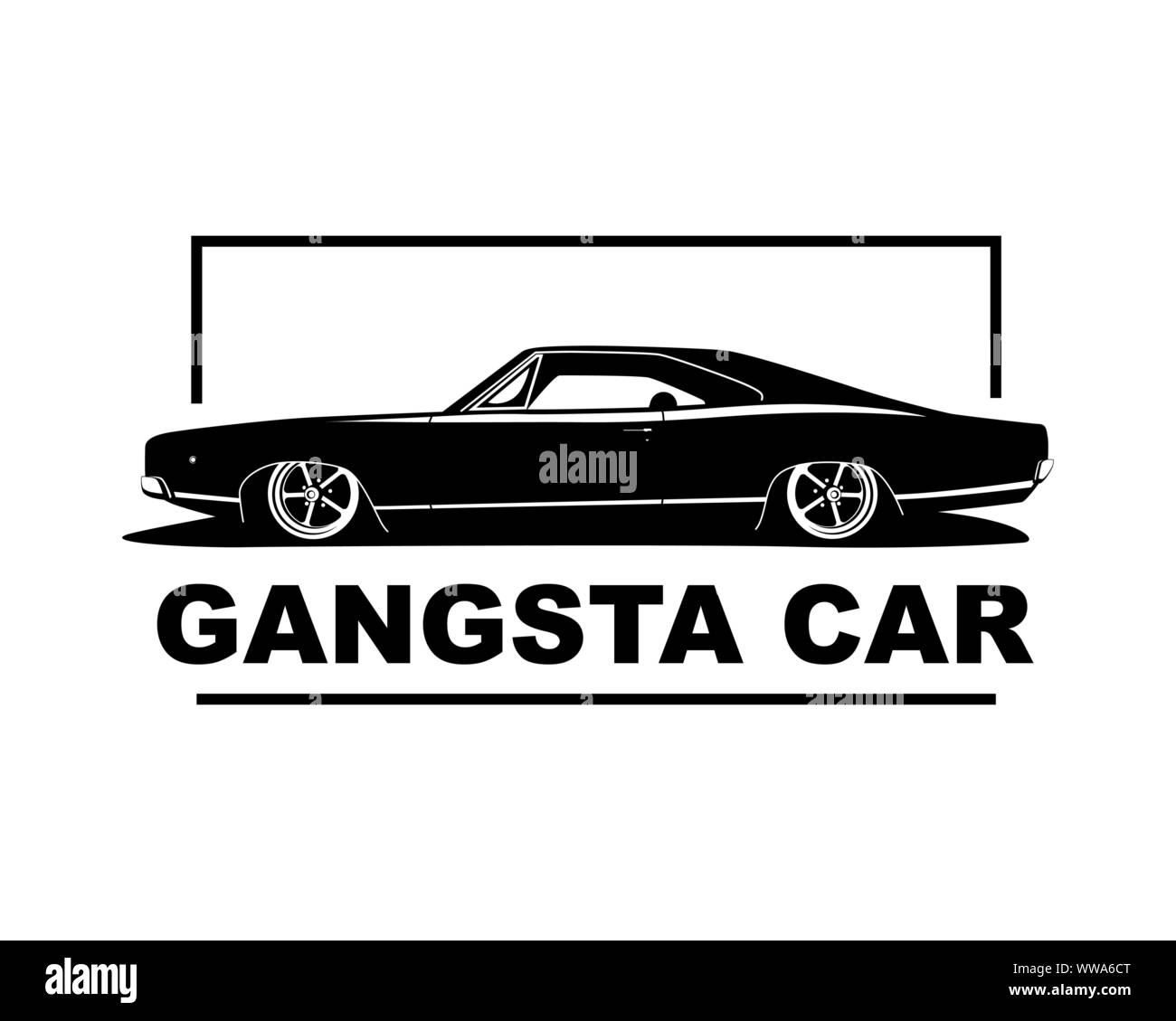 American muscle car vector illustration. Vintage gangsta style low auto with big wheels. Label silhouette for logo club, garage, print design. Stock Vector