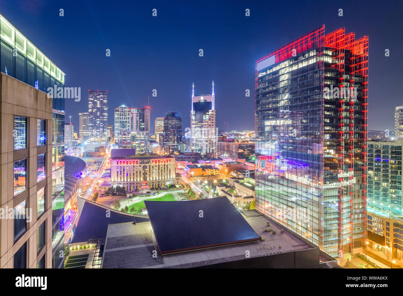 Nashville, Tennessee, USA downtown city skyline rooftop view at dusk. Stock Photo