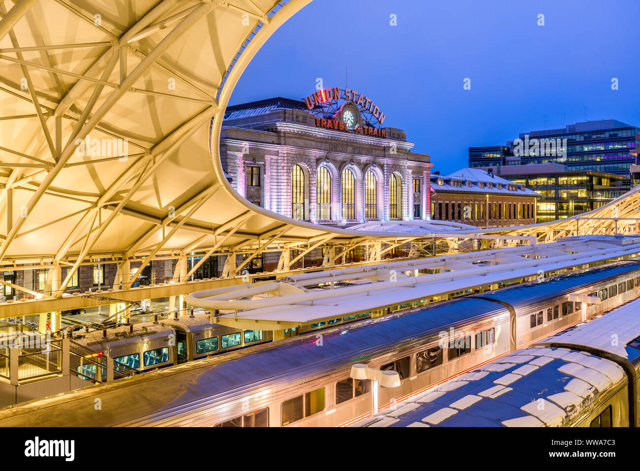 DENVER, COLORADO - MARCH 13, 2019: Trains out of service at Union Station after the 'Bomb Cyclone' winter weather event. The central portion of the st Stock Photo