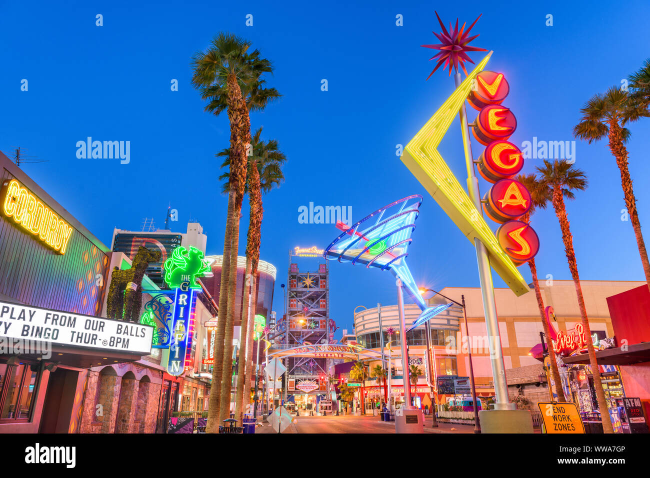 LAS VEGAS, NEVADA - MAY 13, 2019: Fremont East District of Las Vegas at dawn. It is among the most famous streets in the Las Vegas Valley. Stock Photo