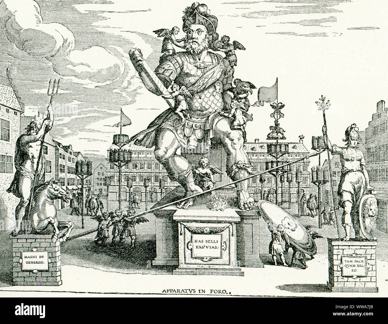 Seen here are the statues of the god Mars, with the gods Neptune and Minerva. Their Greek counterparts are Ares, Poseidon, and Athena. These were constructed in Antwerp for a celebratiuon during the time of the Archduke Albert and Isabella. It is taken from an old print. Isabella was sovereign of the Spanish Netherlands in the Low Countries and the north of modern France. Her husband Albert VII was Archduke of Austria. Stock Photo
