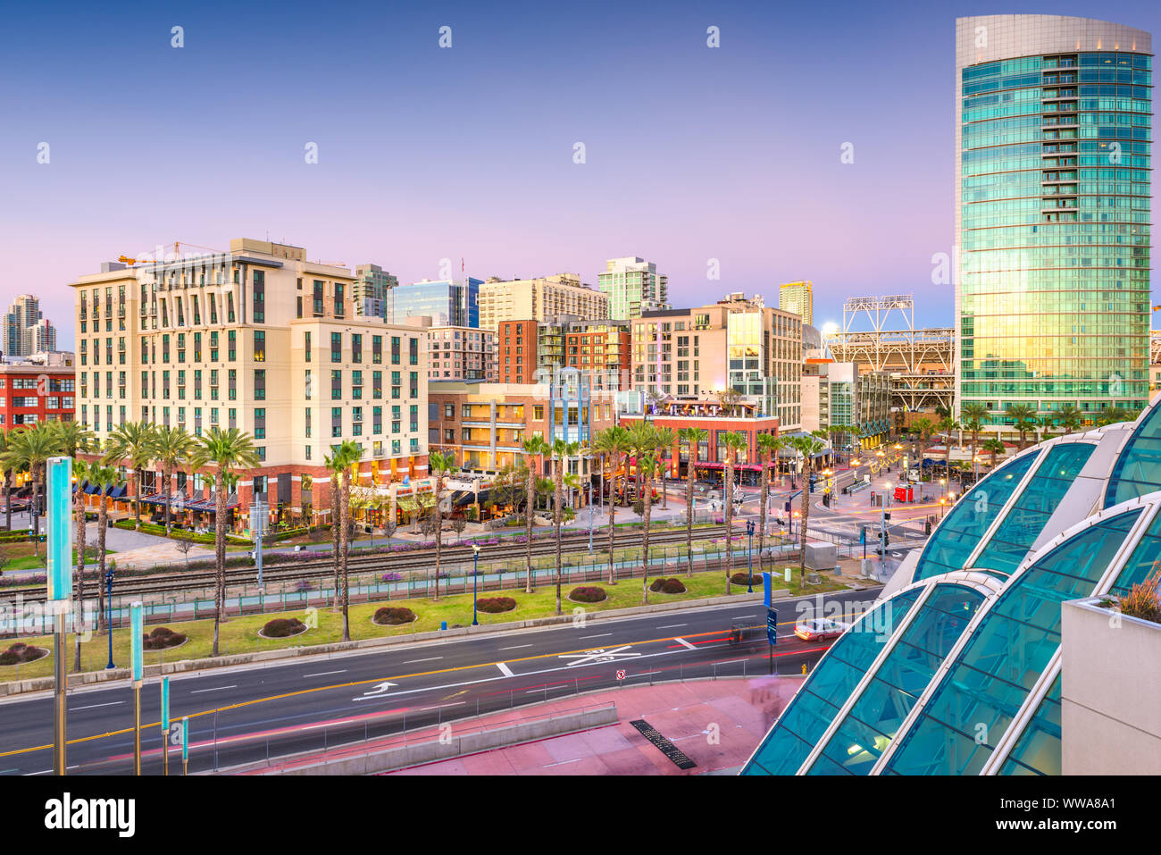 San Diego, California cityscape at the Gaslamp Quarter at dusk. Stock Photo