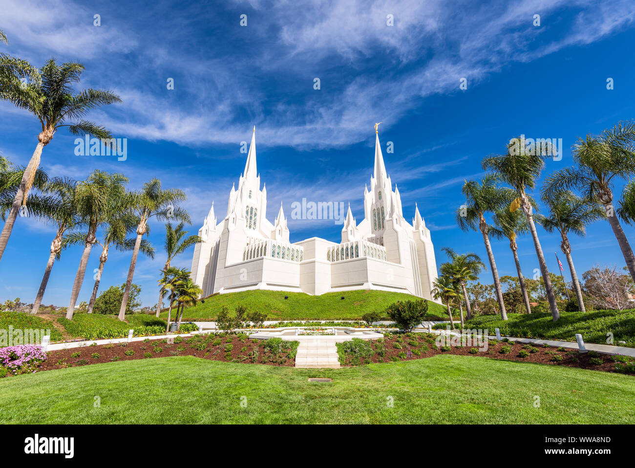 The San Diego California Mormon Temple in La Jolla, California. Stock Photo