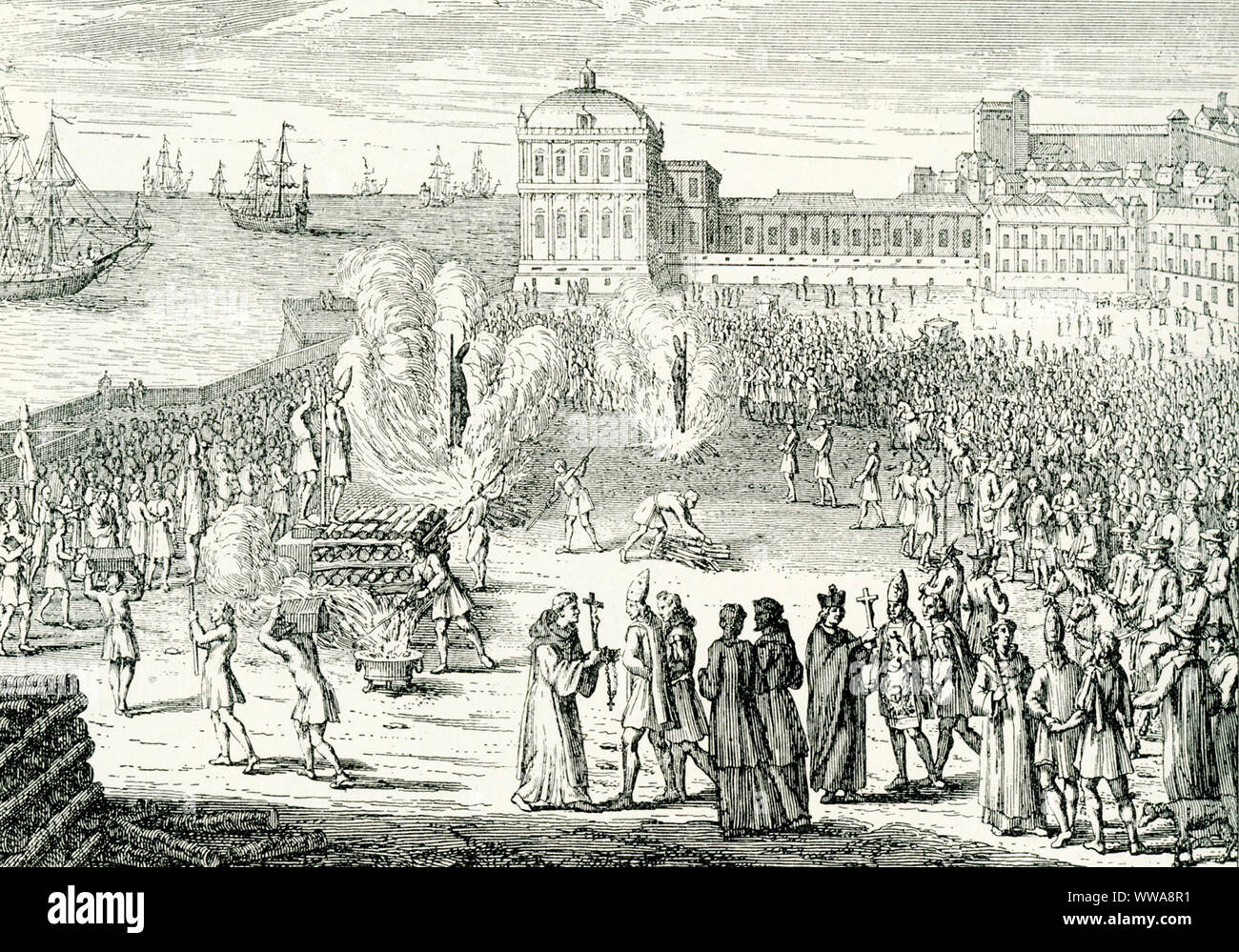 This illustration, from an old engraving, shows the burning of heretics during the Spanish Inquisition (established in 1478 and disbanded in 1834). The label notes that it illustrates an Auto da fe, the ritual of public penance of condemned heretics and apostates. This illustration shows burnings in the 1500s. Stock Photo