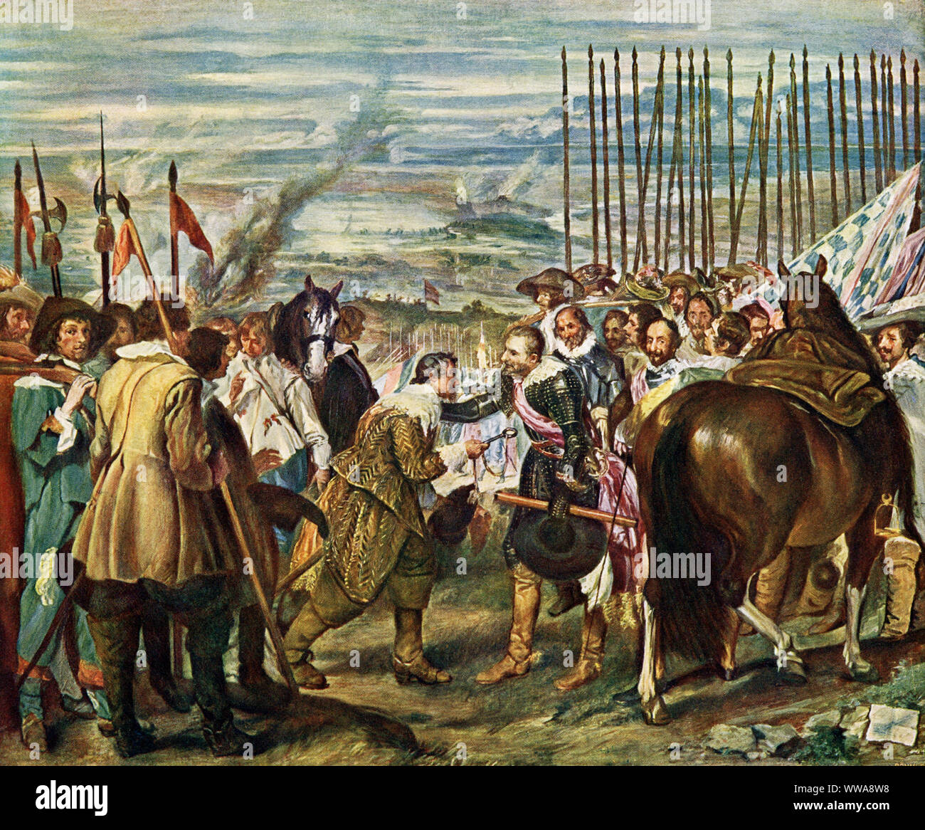 This painting by the Spanish Golden Age artist Diego Velasquez (1599-1669) is in the Prado Museum in Madrid. It is titled: The Surrender of Breda. It is also known as The Lances. It was completed between 1634-1635. The painting depicts the exchange of the key of Breda from the Dutch's possession, to the Spanish. It introduced new technqiues to Baroque style. Shown in the painting is the Dutch leader Justinus van Nassau handing over the key to Breda to the Spanish Genoese general, Spinola. The capitulation was signed in June of 1625. Stock Photo