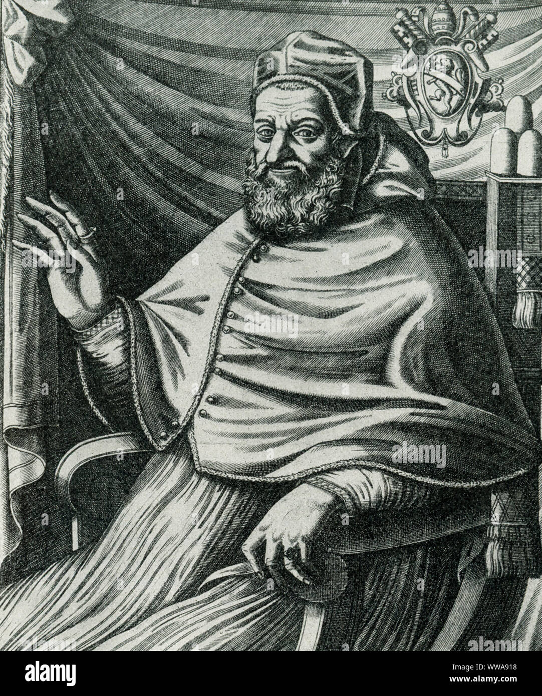 This illustration of Pope Sixtus V is from an engraving in the Prints and Drawings section in Berlin. Pope Sixtus V or Xystus V was born Felice Piergentile. He was Pope of the Catholic Church from 24 April 1585 to his death in 1590. He is best known for his  contribution to embryology. He published the papal bull titled “Effraenatam” in 1588. The bull was later revoked by Pope Gregory XIV in 1591. Stock Photo